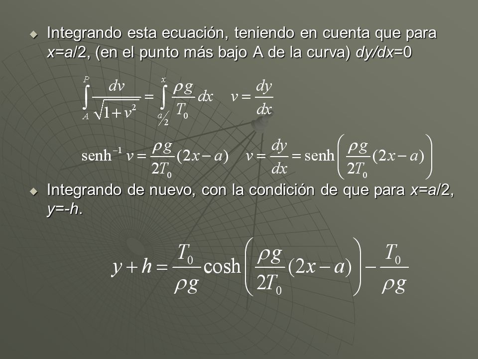 Integrando esta ecuación, teniendo en cuenta que para x=a/2, (en el punto más bajo A de la curva) dy/dx=0