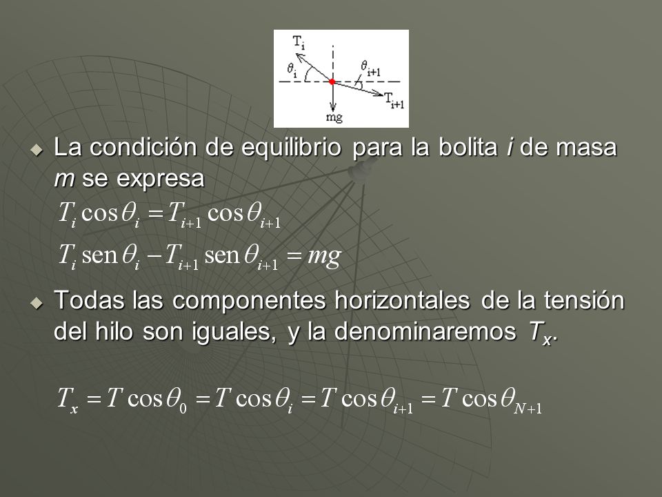 La condición de equilibrio para la bolita i de masa m se expresa