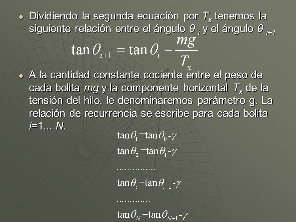 Dividiendo la segunda ecuación por Tx tenemos la siguiente relación entre el ángulo θ i y el ángulo θ i+1