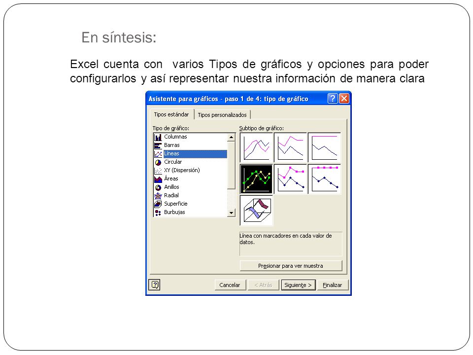 En síntesis: Excel cuenta con varios Tipos de gráficos y opciones para poder configurarlos y así representar nuestra información de manera clara.