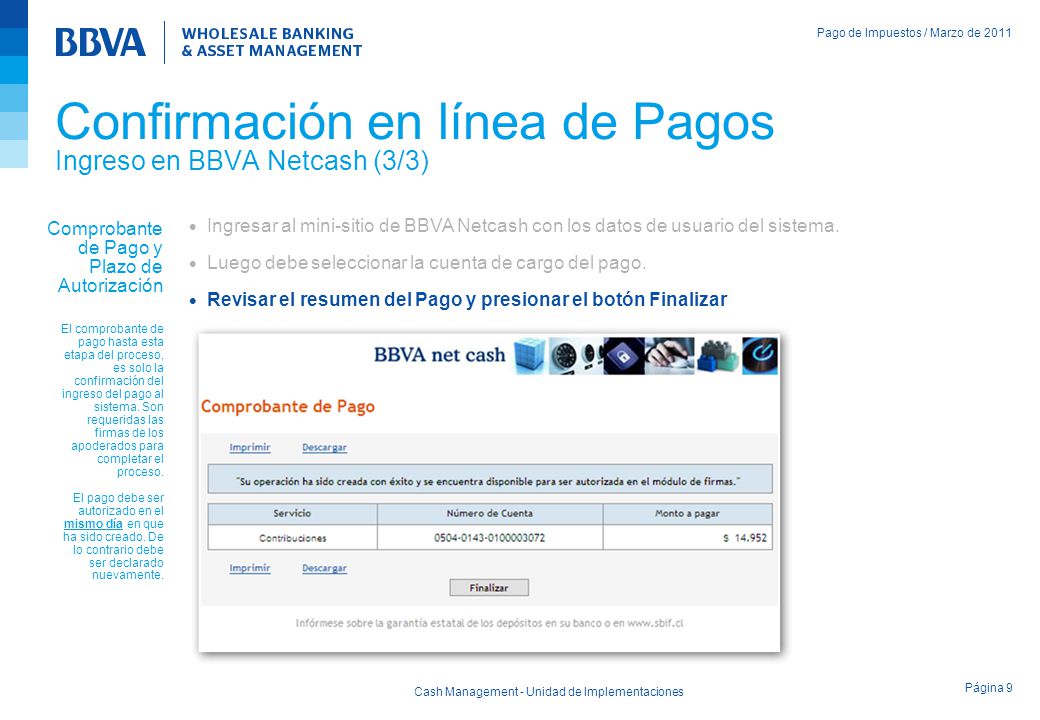 Confirmación en línea de Pagos Ingreso en BBVA Netcash (3/3)