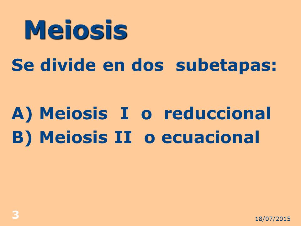 Meiosis Se divide en dos subetapas: A) Meiosis I o reduccional B) Meiosis II o ecuacional 17/04/2017.