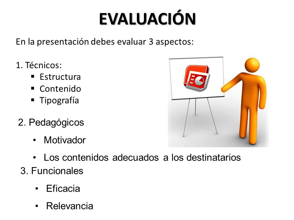 EVALUACIÓN En la presentación debes evaluar 3 aspectos: 1. Técnicos: