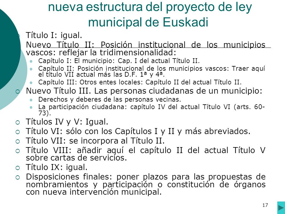 nueva estructura del proyecto de ley municipal de Euskadi