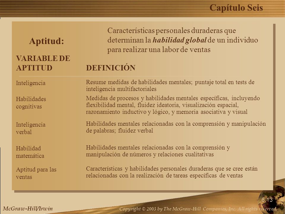 Características personales duraderas que determinan la habilidad global de un individuo para realizar una labor de ventas