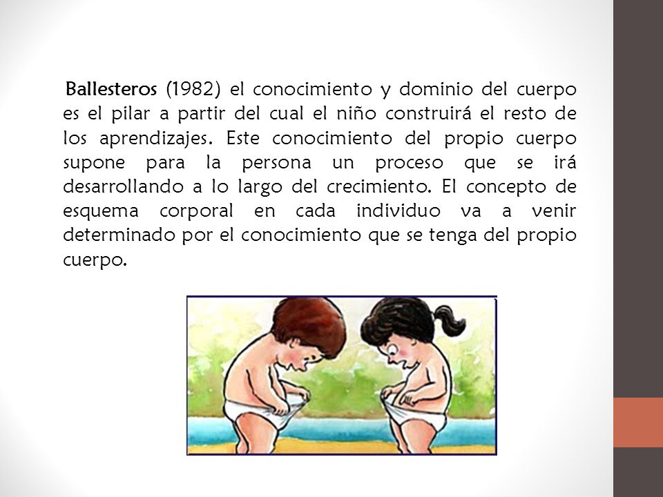 Ballesteros (1982) el conocimiento y dominio del cuerpo es el pilar a partir del cual el niño construirá el resto de los aprendizajes.