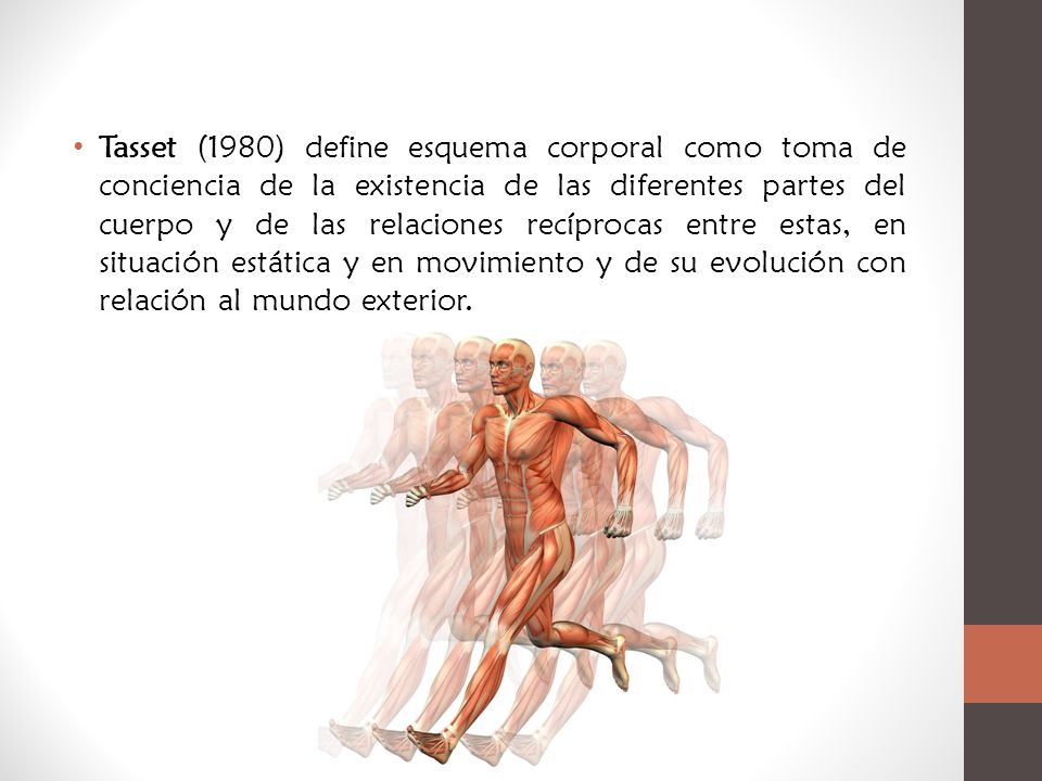 Tasset (1980) define esquema corporal como toma de conciencia de la existencia de las diferentes partes del cuerpo y de las relaciones recíprocas entre estas, en situación estática y en movimiento y de su evolución con relación al mundo exterior.