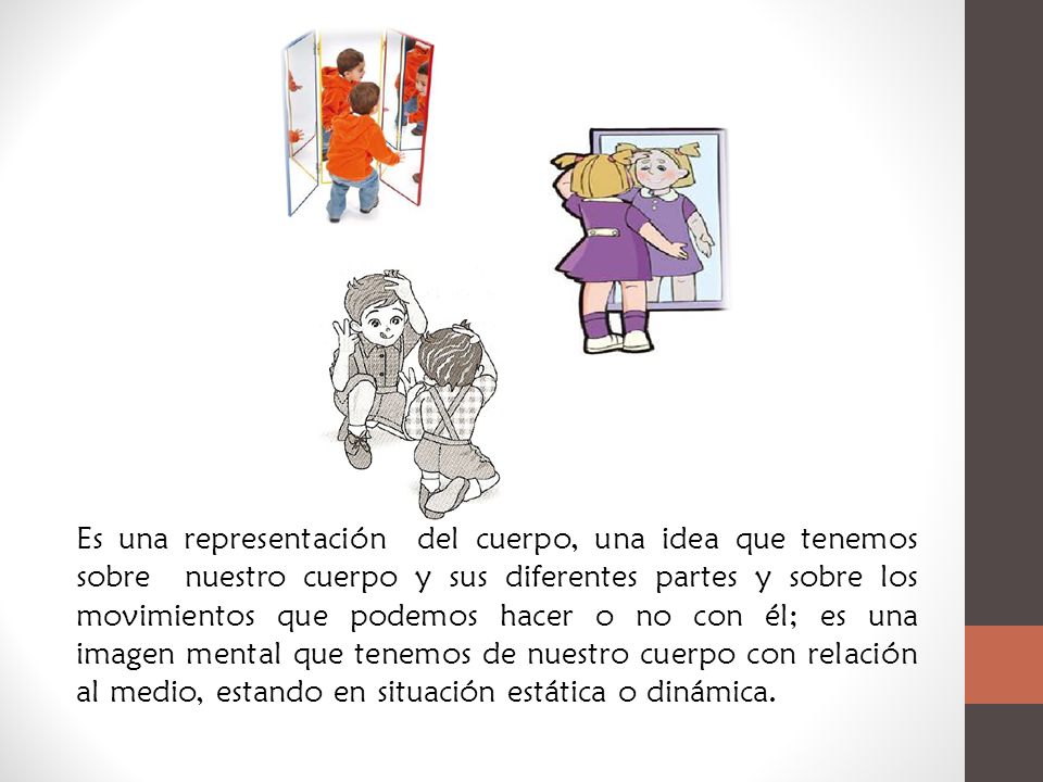 Es una representación del cuerpo, una idea que tenemos sobre nuestro cuerpo y sus diferentes partes y sobre los movimientos que podemos hacer o no con él; es una imagen mental que tenemos de nuestro cuerpo con relación al medio, estando en situación estática o dinámica.