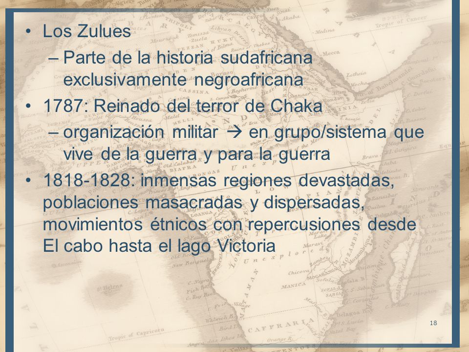 Los Zulues Parte de la historia sudafricana exclusivamente negroafricana. 1787: Reinado del terror de Chaka.