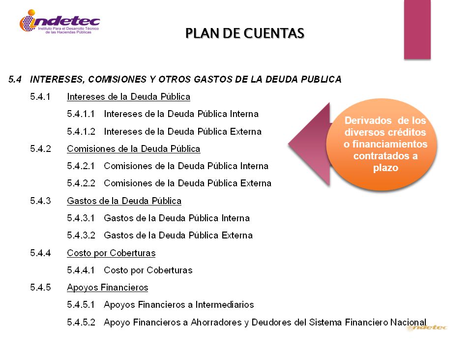 PLAN DE CUENTAS Derivados de los diversos créditos o financiamientos contratados a plazo