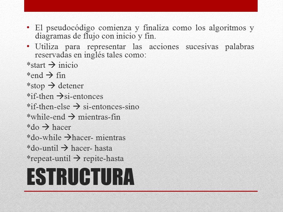 El pseudocódigo comienza y finaliza como los algoritmos y diagramas de flujo con inicio y fin.