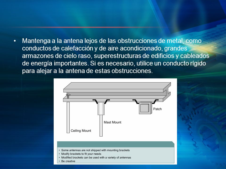 Mantenga a la antena lejos de las obstrucciones de metal, como conductos de calefacción y de aire acondicionado, grandes armazones de cielo raso, superestructuras de edificios y cableados de energía importantes.