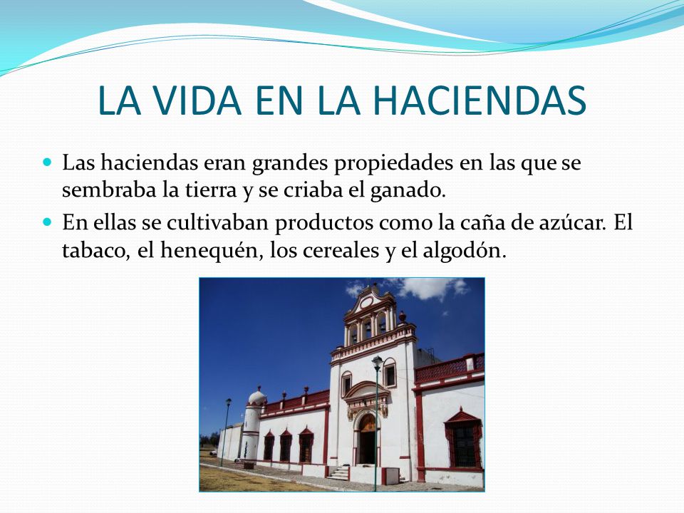 LA VIDA EN LA HACIENDAS Las haciendas eran grandes propiedades en las que se sembraba la tierra y se criaba el ganado.
