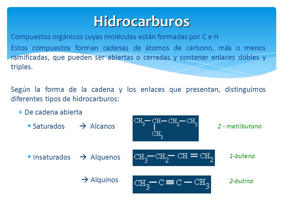 Hidrocarburos Compuestos orgánicos cuyas moléculas están formadas por C e H.