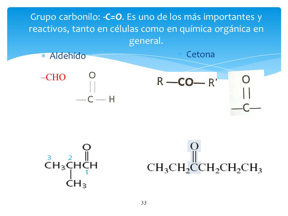 Grupo carbonilo: -C=O. Es uno de los más importantes y reactivos, tanto en células como en química orgánica en general.