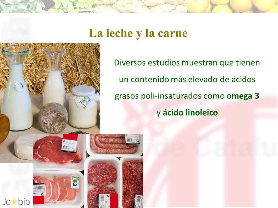 La leche y la carne Diversos estudios muestran que tienen un contenido más elevado de ácidos grasos poli-insaturados como omega 3 y ácido linoleico.