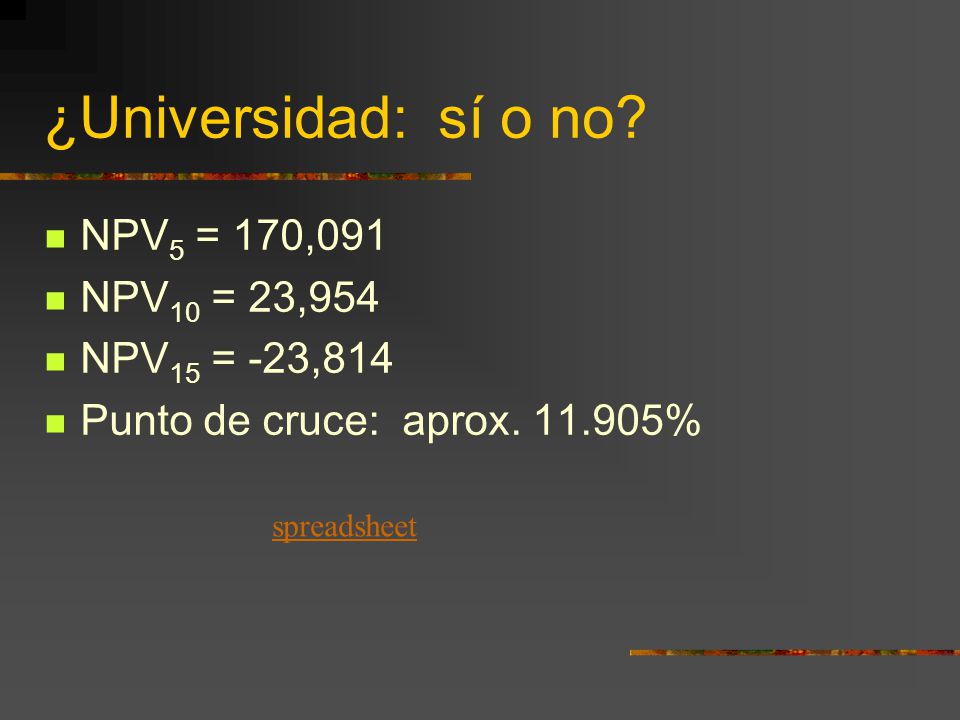¿Universidad: sí o no NPV5 = 170,091 NPV10 = 23,954 NPV15 = -23,814