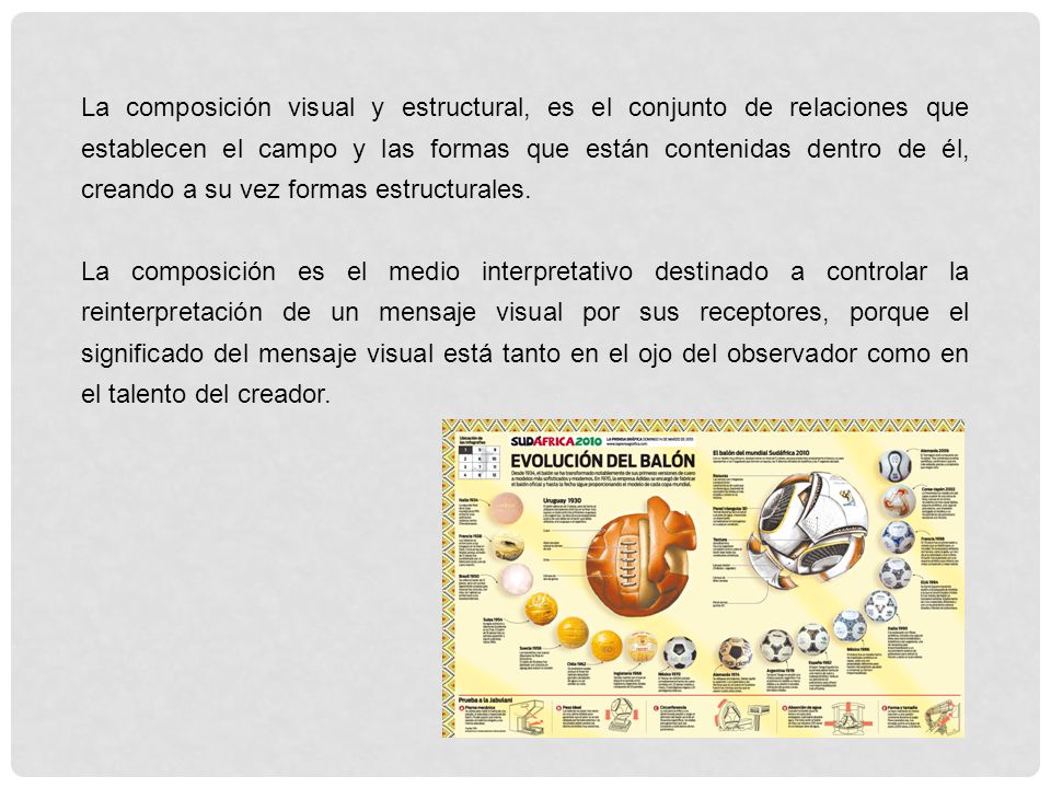 La composición visual y estructural, es el conjunto de relaciones que establecen el campo y las formas que están contenidas dentro de él, creando a su vez formas estructurales.