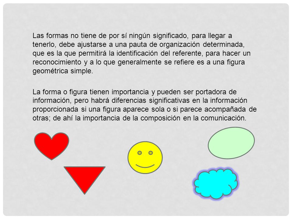 Las formas no tiene de por sí ningún significado, para llegar a tenerlo, debe ajustarse a una pauta de organización determinada, que es la que permitirá la identificación del referente, para hacer un reconocimiento y a lo que generalmente se refiere es a una figura geométrica simple.