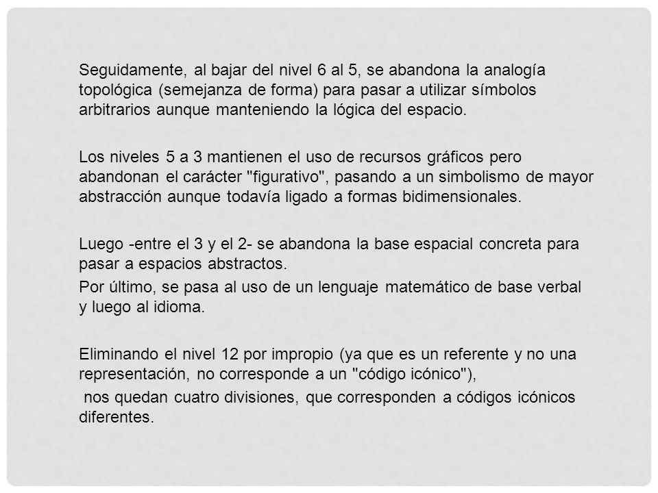Seguidamente, al bajar del nivel 6 al 5, se abandona la analogía topológica (semejanza de forma) para pasar a utilizar símbolos arbitrarios aunque manteniendo la lógica del espacio.