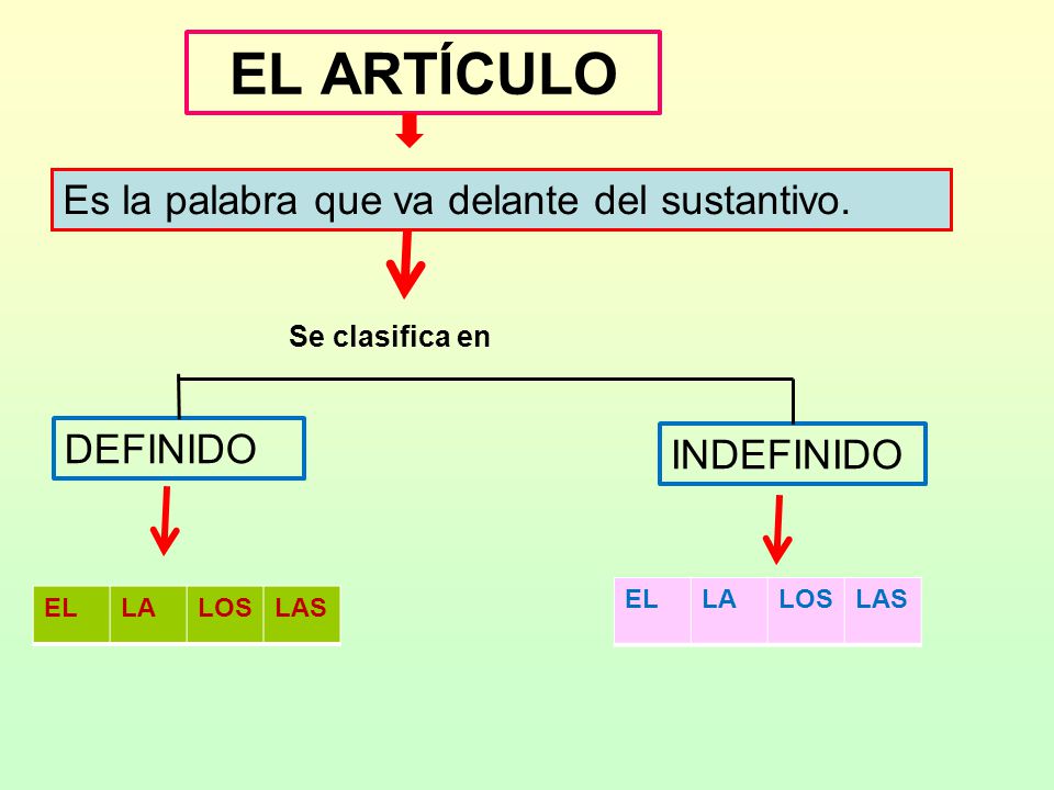 EL ARTÍCULO Es la palabra que va delante del sustantivo. DEFINIDO