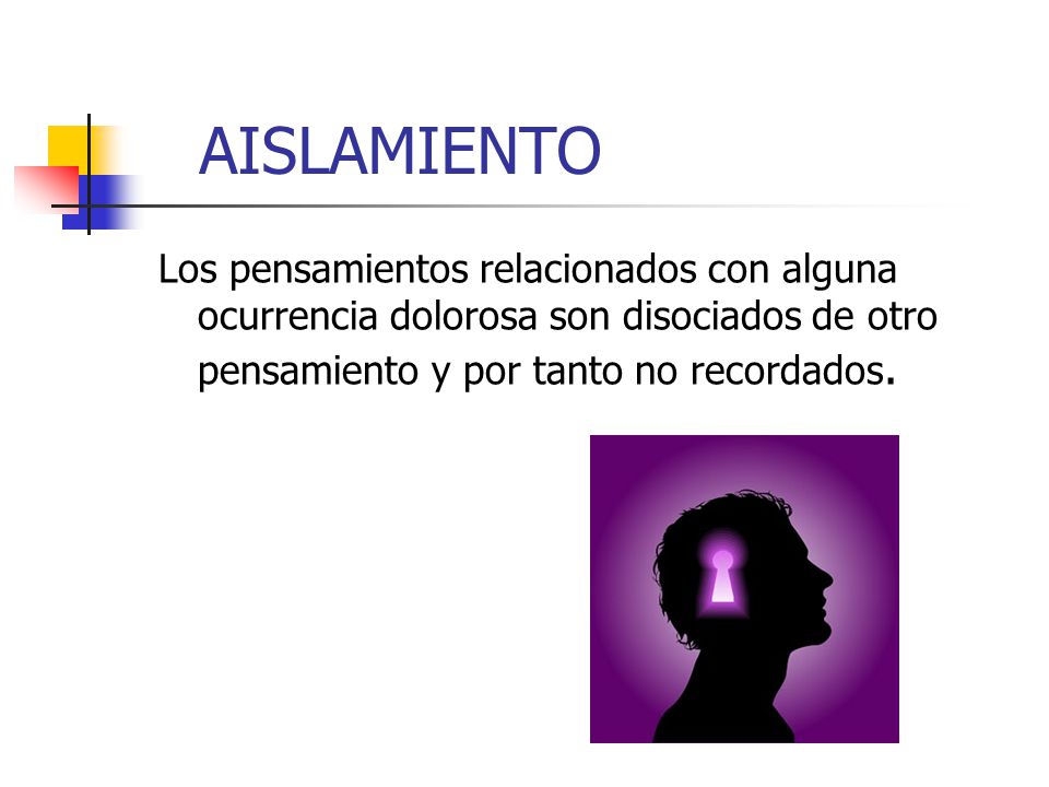 AISLAMIENTO Los pensamientos relacionados con alguna ocurrencia dolorosa son disociados de otro pensamiento y por tanto no recordados.
