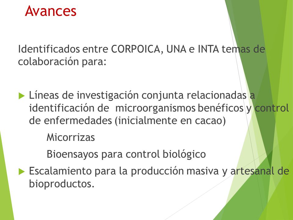 Avances Identificados entre CORPOICA, UNA e INTA temas de colaboración para: