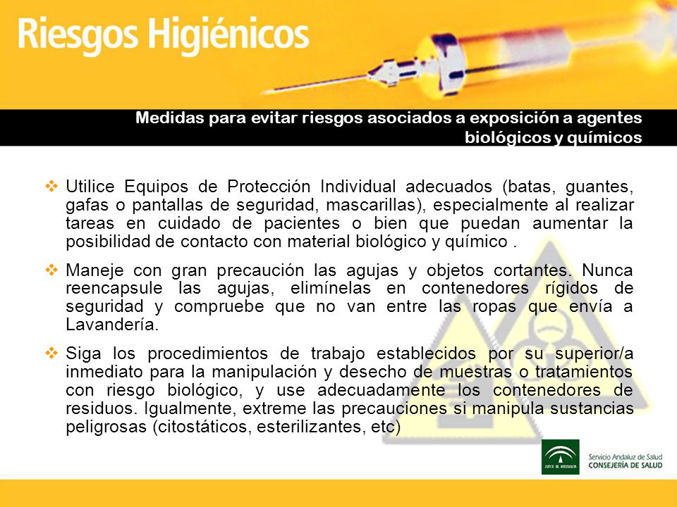 Medidas para evitar riesgos asociados a exposición a agentes biológicos y químicos