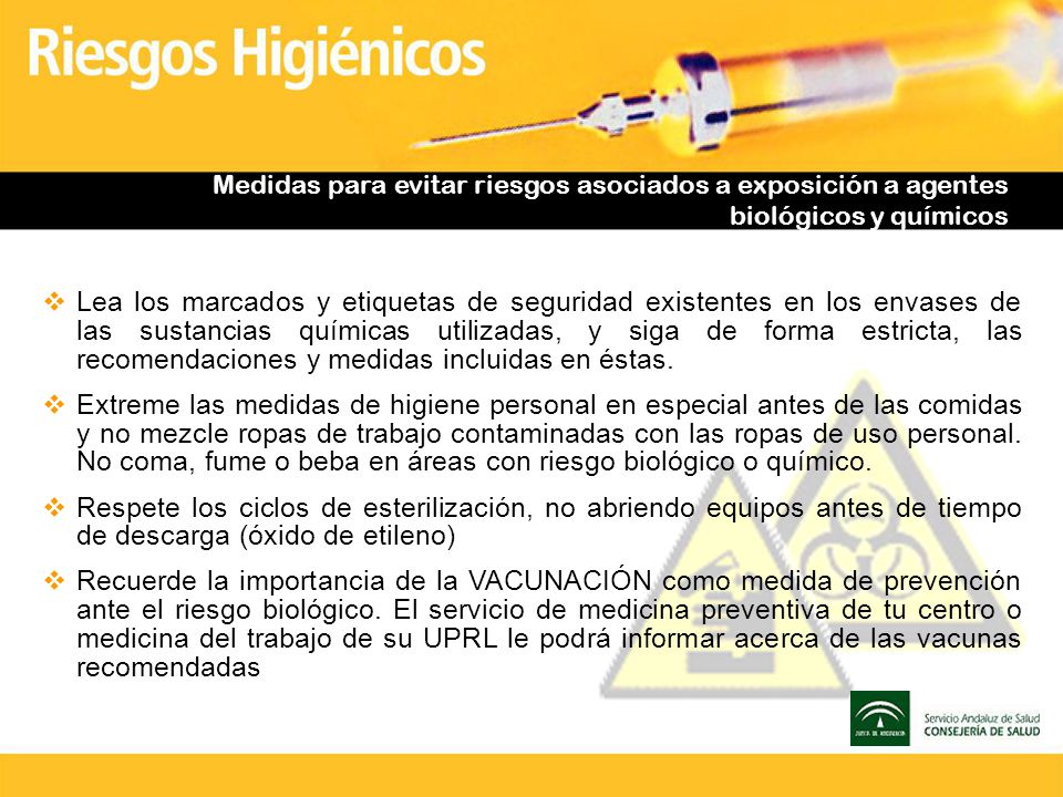 Medidas para evitar riesgos asociados a exposición a agentes biológicos y químicos