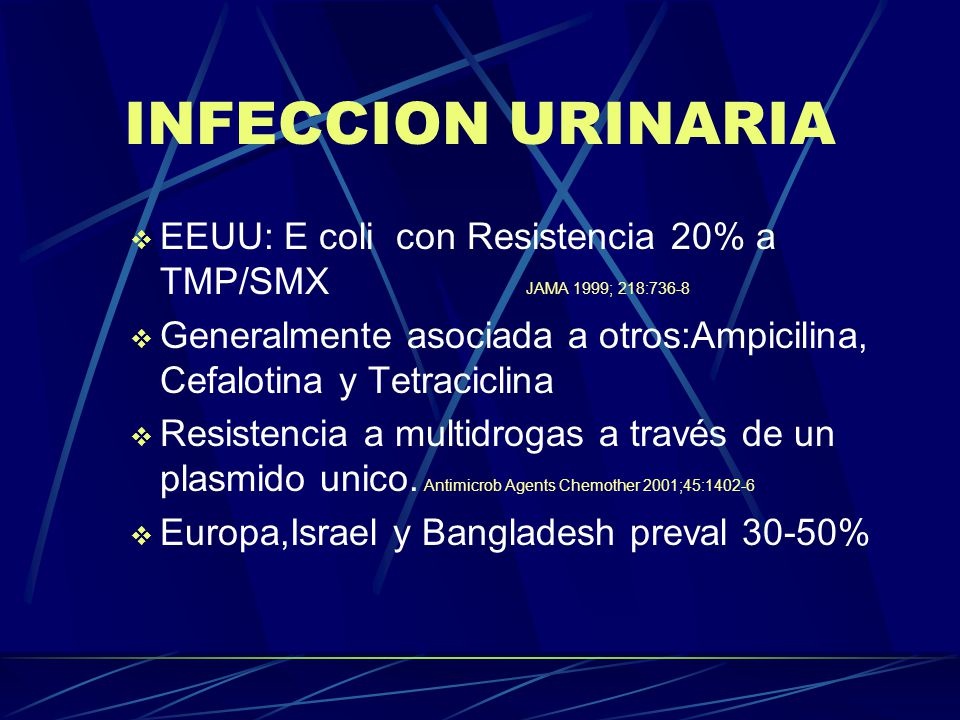 INFECCION URINARIA EEUU: E coli con Resistencia 20% a TMP/SMX JAMA 1999; 218: