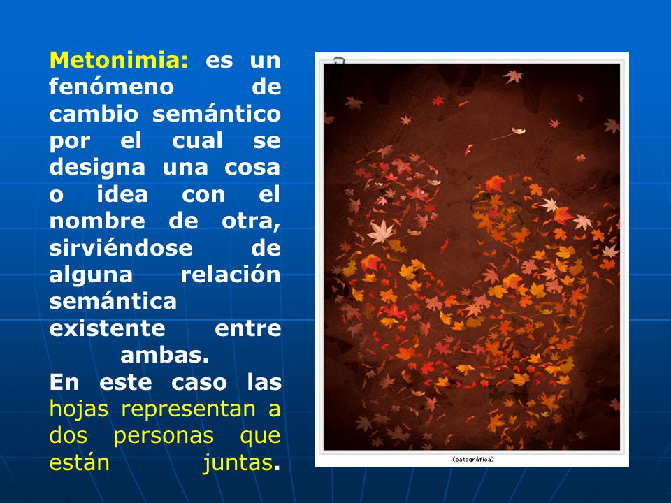 Metonimia: es un fenómeno de cambio semántico por el cual se designa una cosa o idea con el nombre de otra, sirviéndose de alguna relación semántica existente entre ambas.