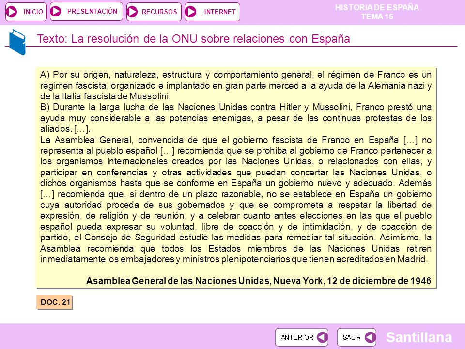 Texto: La resolución de la ONU sobre relaciones con España