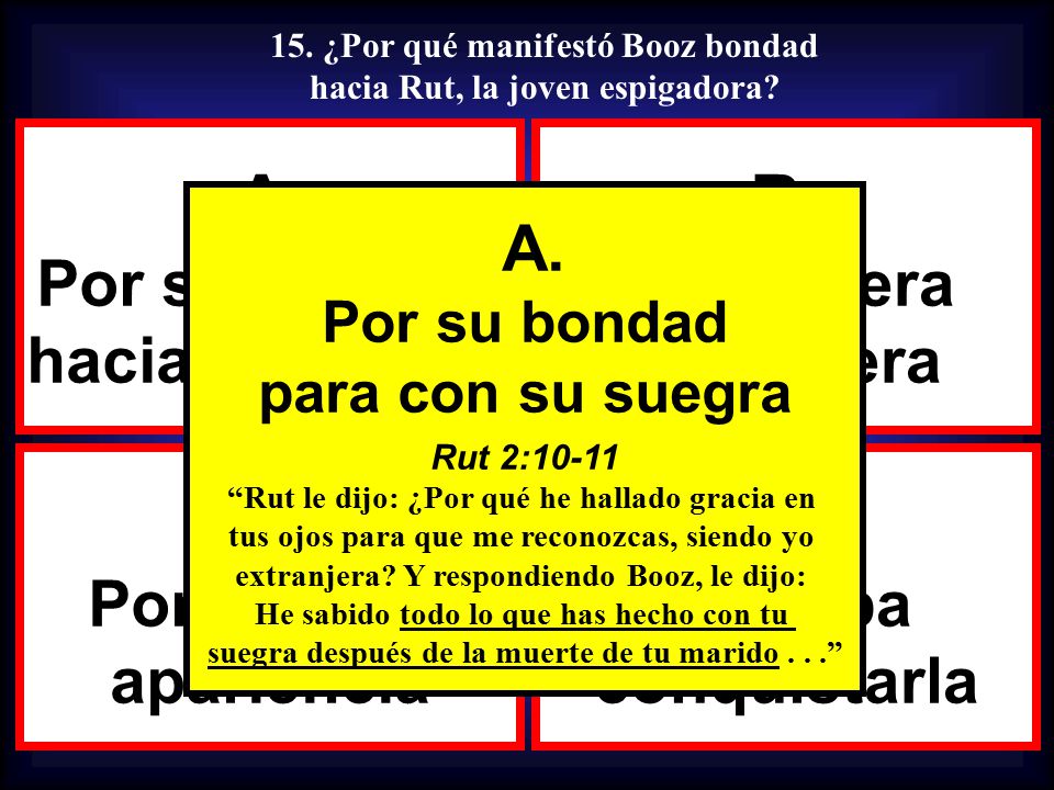 A. B. C. D. Por su bondad hacia su suegra Porque era extranjera A.