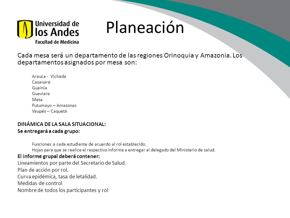 Planeación Cada mesa será un departamento de las regiones Orinoquia y Amazonia. Los departamentos asignados por mesa son: