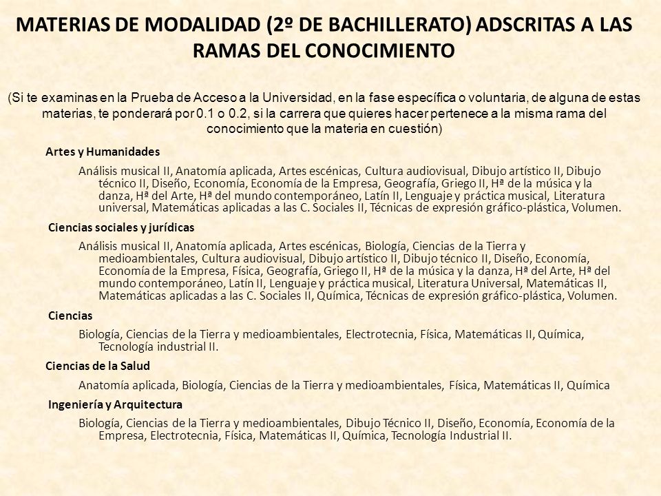 MATERIAS DE MODALIDAD (2º DE BACHILLERATO) ADSCRITAS A LAS RAMAS DEL CONOCIMIENTO (Si te examinas en la Prueba de Acceso a la Universidad, en la fase específica o voluntaria, de alguna de estas materias, te ponderará por 0.1 o 0.2, si la carrera que quieres hacer pertenece a la misma rama del conocimiento que la materia en cuestión)