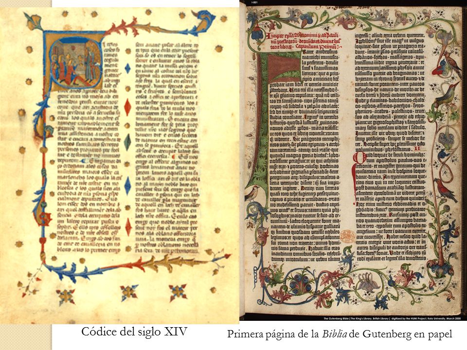 Códice del siglo XIV Primera página de la Biblia de Gutenberg en papel