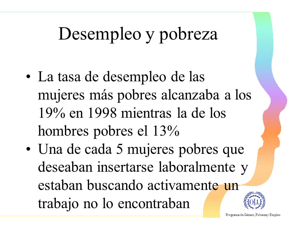 Desempleo y pobreza La tasa de desempleo de las mujeres más pobres alcanzaba a los 19% en 1998 mientras la de los hombres pobres el 13%