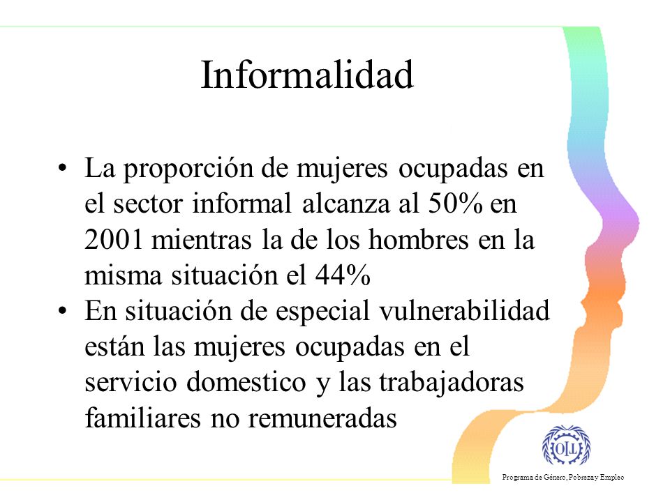 Informalidad La proporción de mujeres ocupadas en el sector informal alcanza al 50% en 2001 mientras la de los hombres en la misma situación el 44%