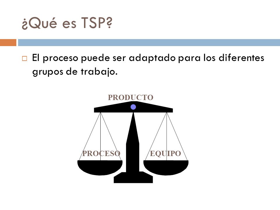 ¿Qué es TSP El proceso puede ser adaptado para los diferentes grupos de trabajo. PRODUCTO. EQUIPO.