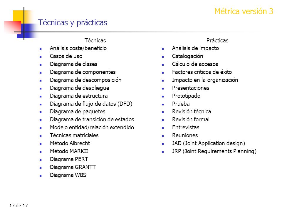 Técnicas y prácticas Técnicas Análisis coste/beneficio Casos de uso