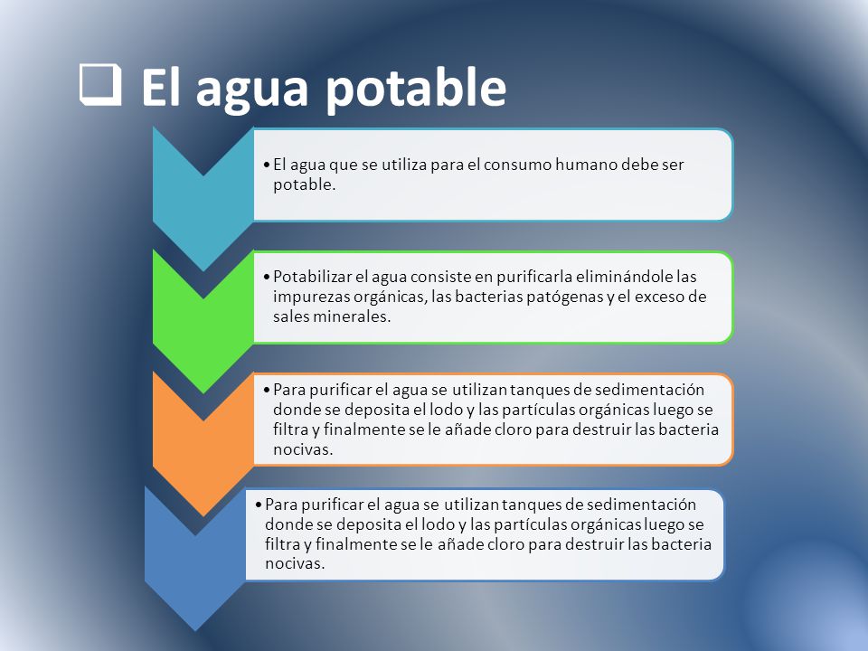 El agua potable El agua que se utiliza para el consumo humano debe ser potable.