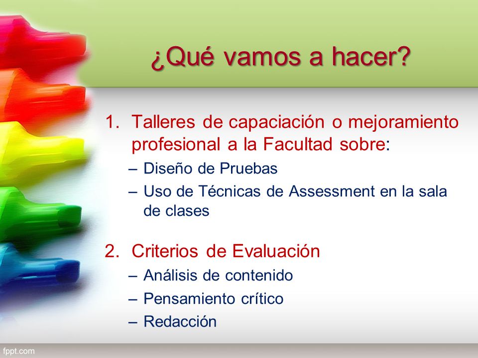 ¿Qué vamos a hacer Talleres de capaciación o mejoramiento profesional a la Facultad sobre: Diseño de Pruebas.
