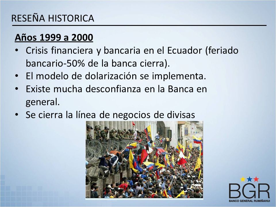 RESEÑA HISTORICA Años 1999 a Crisis financiera y bancaria en el Ecuador (feriado bancario-50% de la banca cierra).