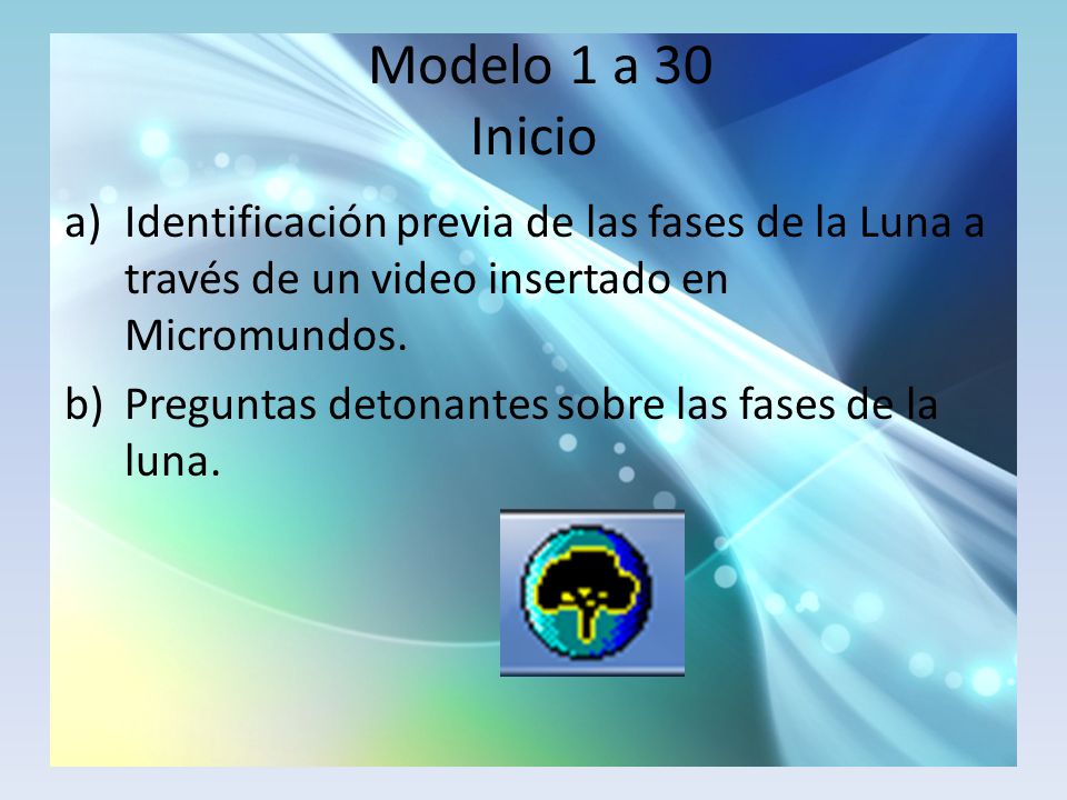 Modelo 1 a 30 Inicio Identificación previa de las fases de la Luna a través de un video insertado en Micromundos.
