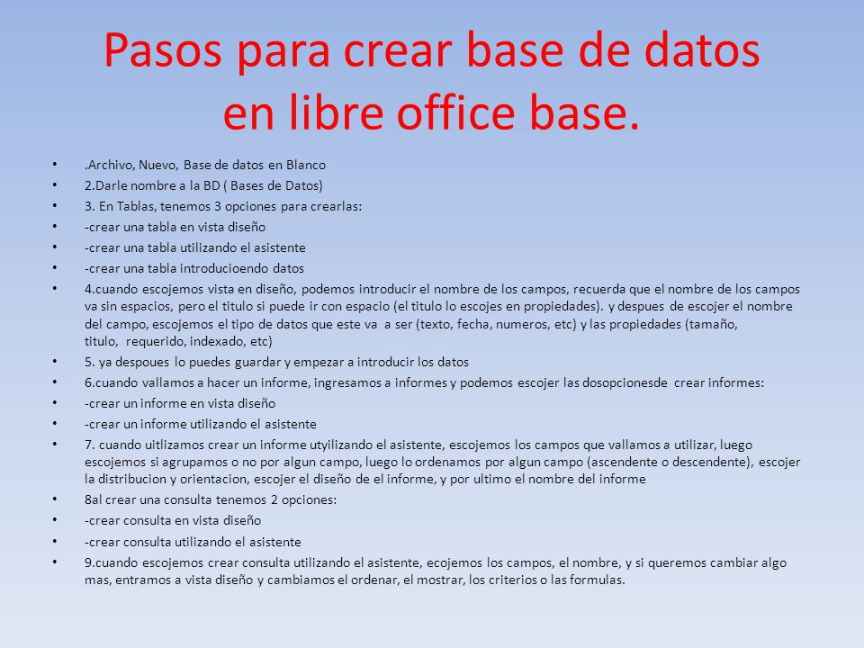 Pasos para crear base de datos en libre office base.