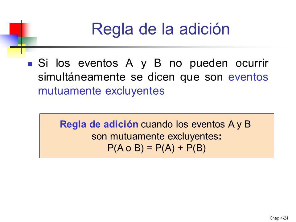 Regla de la adición Si los eventos A y B no pueden ocurrir simultáneamente se dicen que son eventos mutuamente excluyentes.