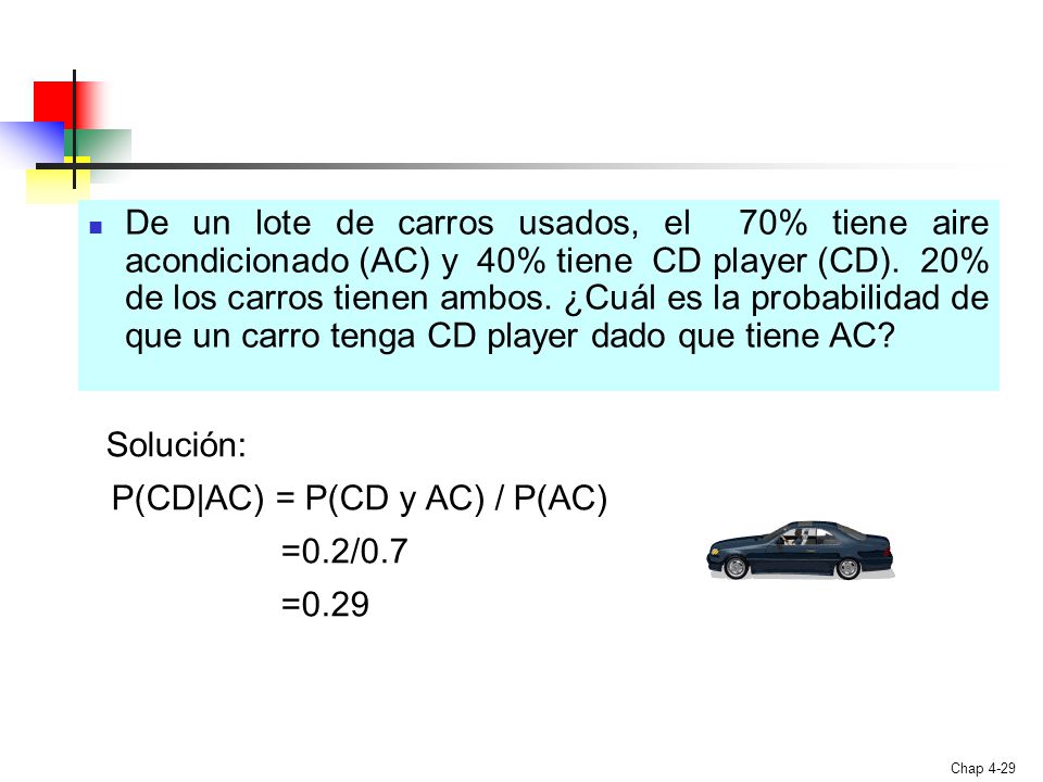 De un lote de carros usados, el 70% tiene aire acondicionado (AC) y 40% tiene CD player (CD). 20% de los carros tienen ambos. ¿Cuál es la probabilidad de que un carro tenga CD player dado que tiene AC