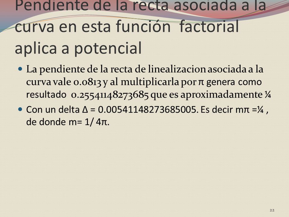 Pendiente de la recta asociada a la curva en esta función factorial aplica a potencial