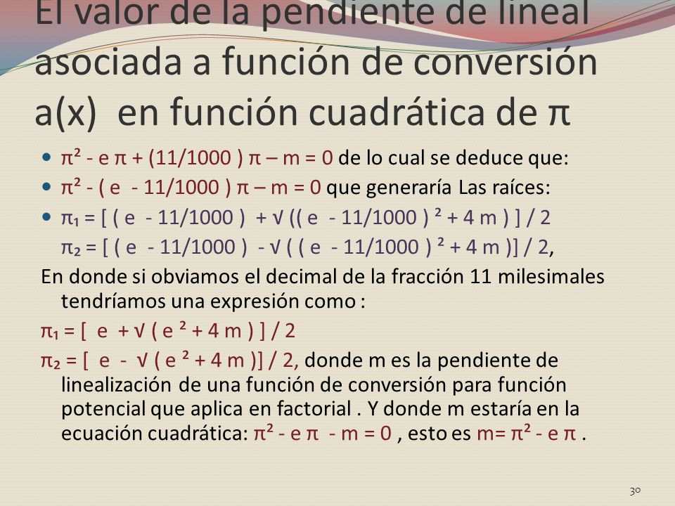 El valor de la pendiente de lineal asociada a función de conversión a(x) en función cuadrática de π