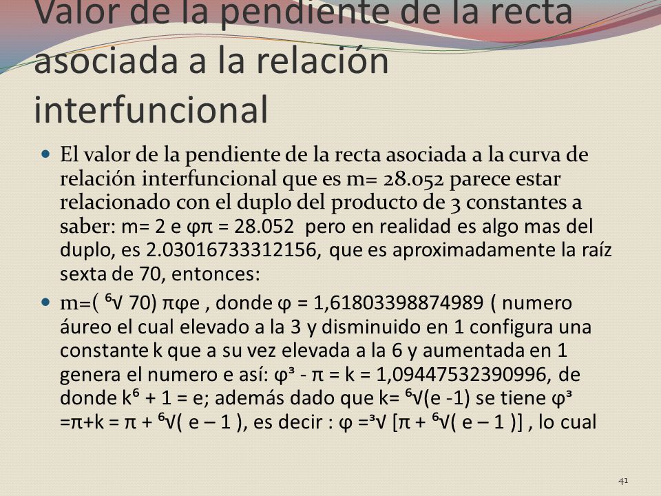 Valor de la pendiente de la recta asociada a la relación interfuncional